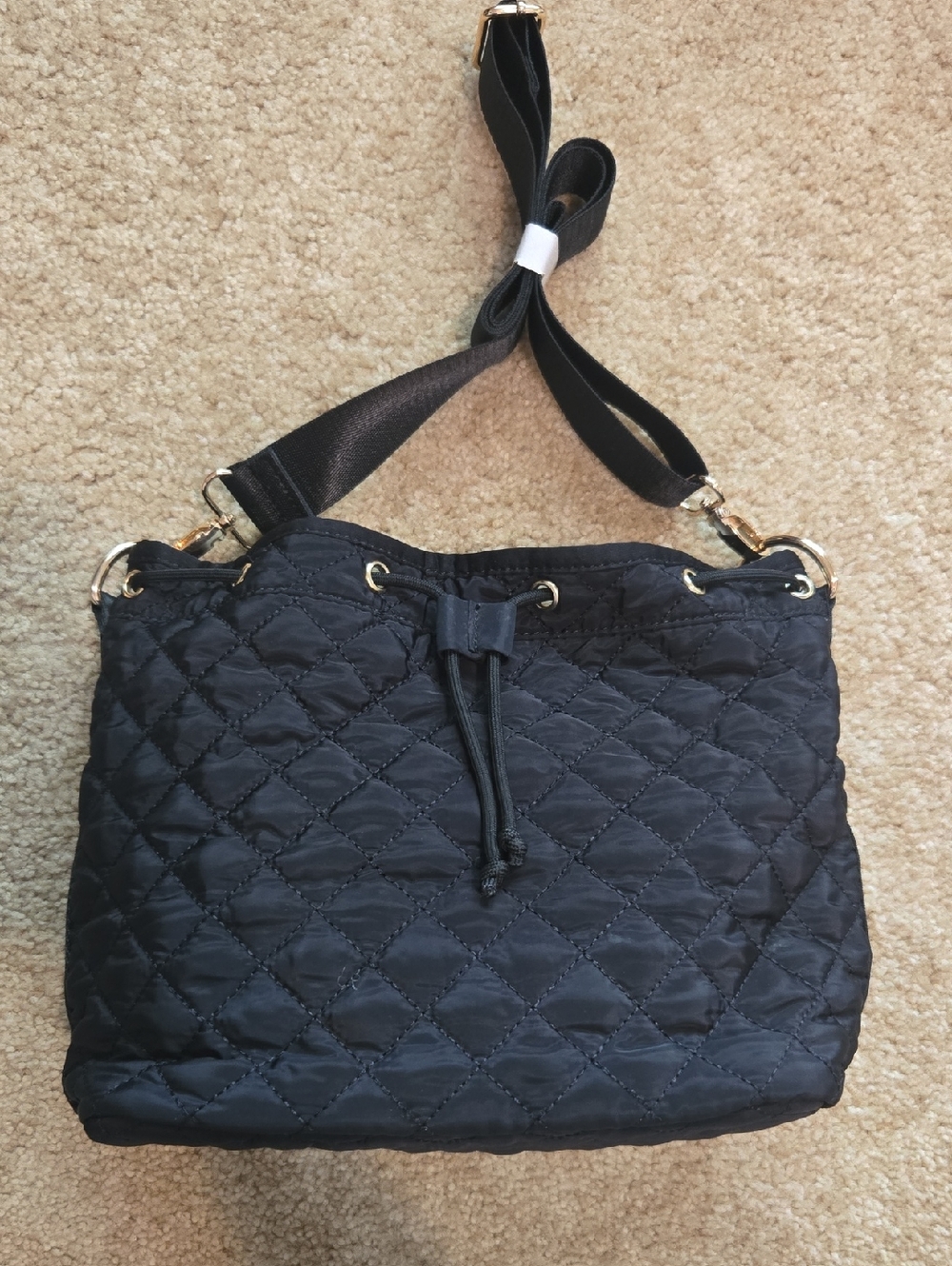 Quilted Black Drawstring Shoulder Bag
